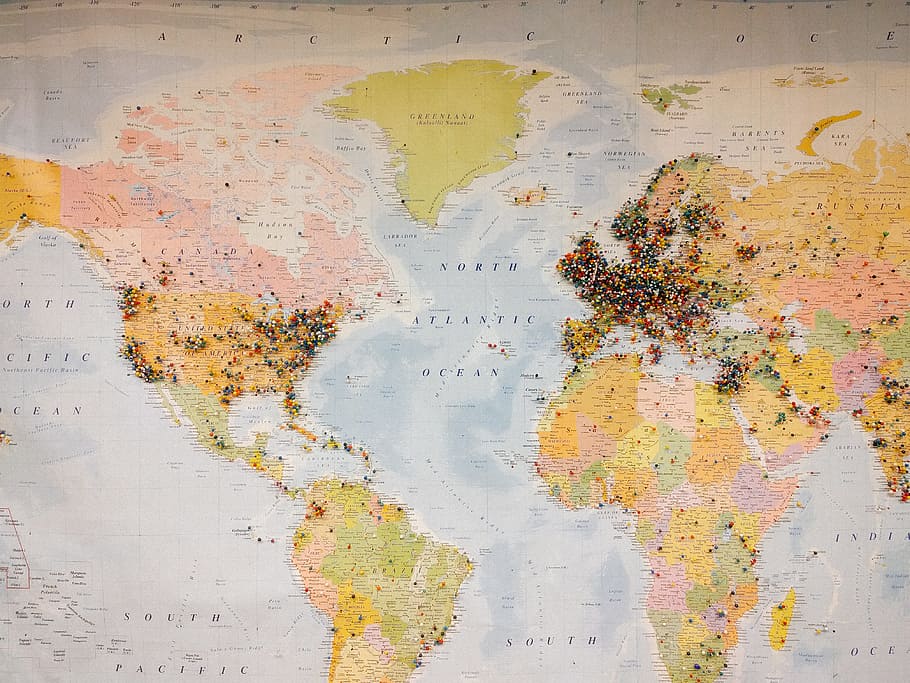 peta dunia yang disematkan, Sematkan, Peta Dunia, peta, dunia, perjalanan, kartografi, latar belakang, Gambar berwarna, tua