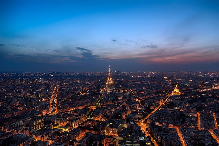 high, angle photography, eiffel tower, paris, city, eiffel, tower, sunset, sky, famous