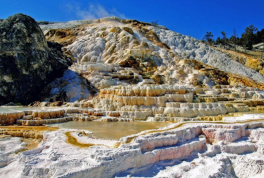 Mammoth Hot Springs, parque nacional de yellowstone, água, minerais, cores, pedra calcária, terraço, montanha, mineração, paisagem