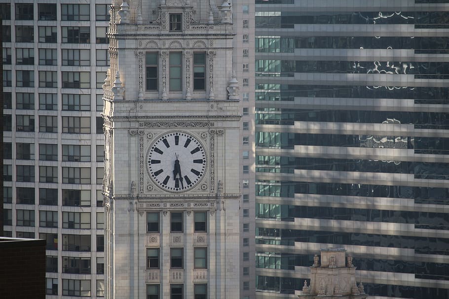 Chicago, Wrigley, Clock, City, skyscraper, illinois, urban, building, architecture, downtown