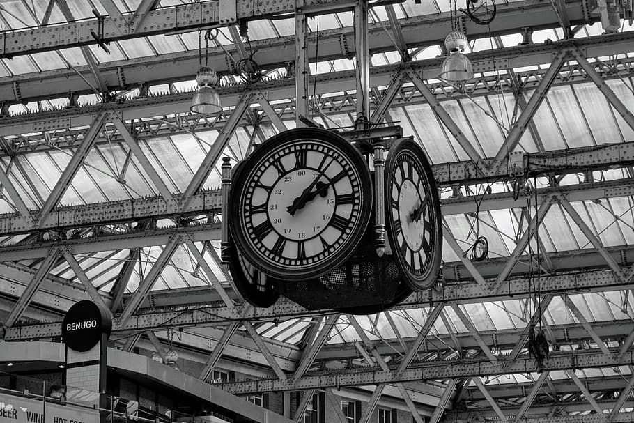 Waterloo, estación, pasajeros, viaje, Londres, ferrocarril, esperando, transporte, hora, reloj