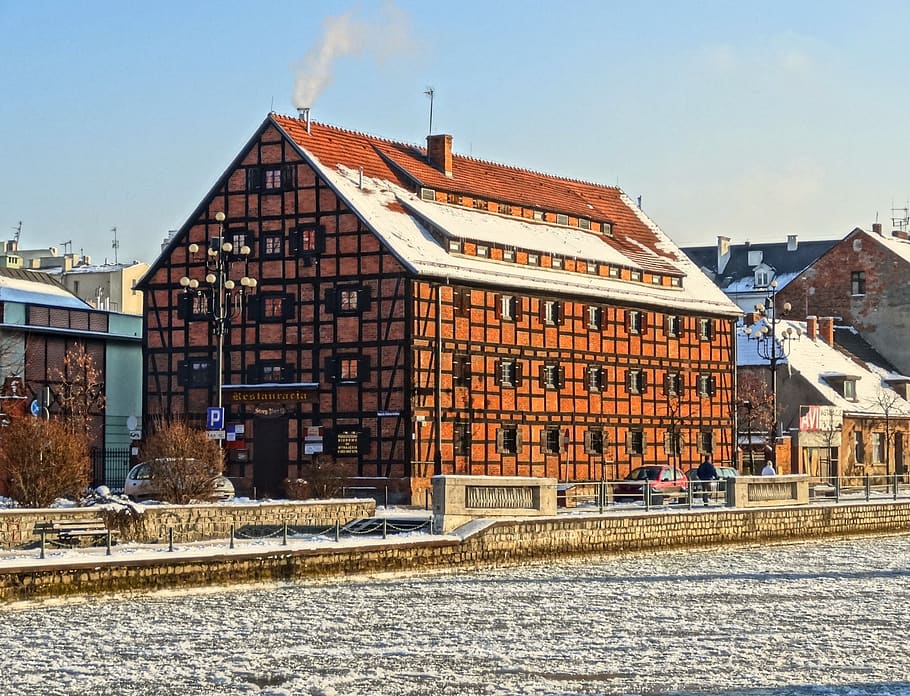 bydgoszcz, waterfront, house, timber framing, historic, building, architecture, building exterior, built structure, sky