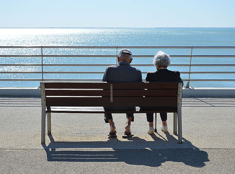 man, woman, sitting, bench, couple, passion, love, elderly person, senior citizens, spouses