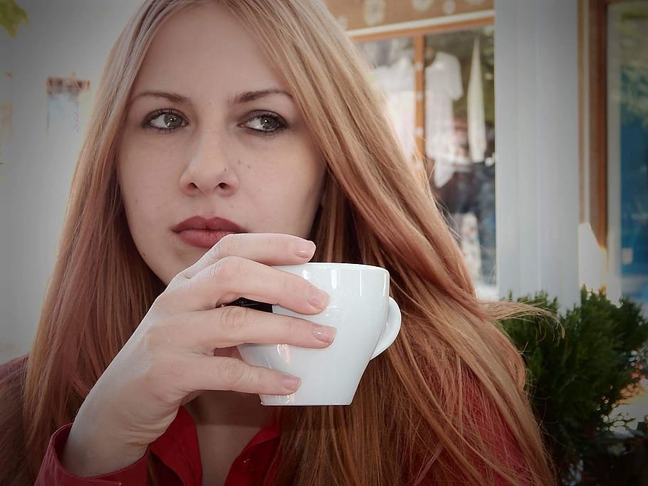 Woman, Coffee, Cup, Blonde, coffee, cup, young, morning, seriously, breakfast, drinking