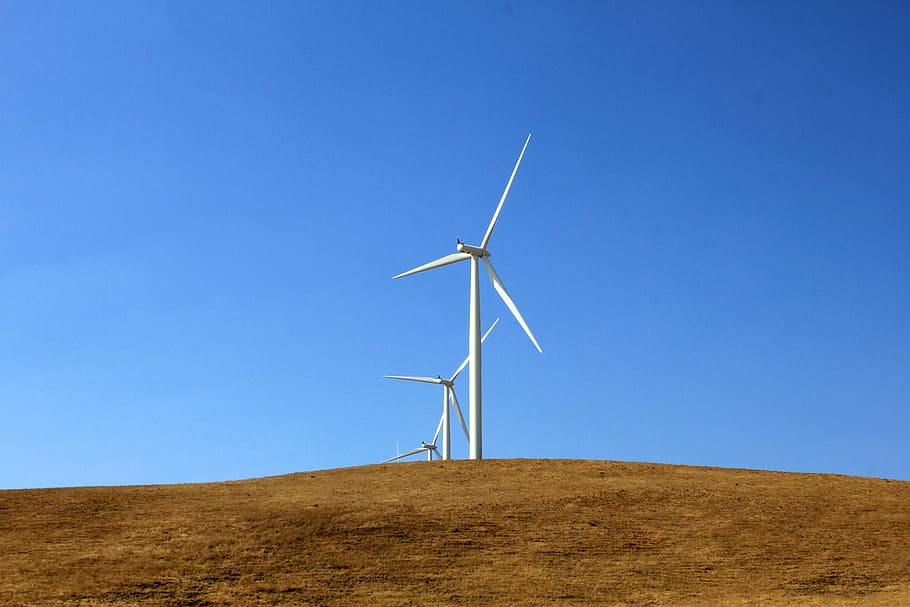 white, windmills, mountain, daytime, wind turbine, wind, electricity, turbine, energy, green