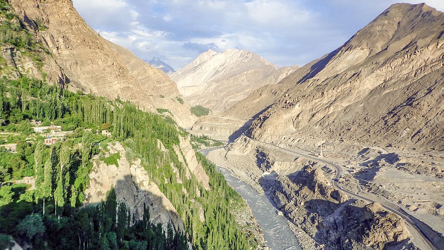 hunza, sungai, kkh, jalan, lembah, jarak, gb, utara, pakistan, nikon
