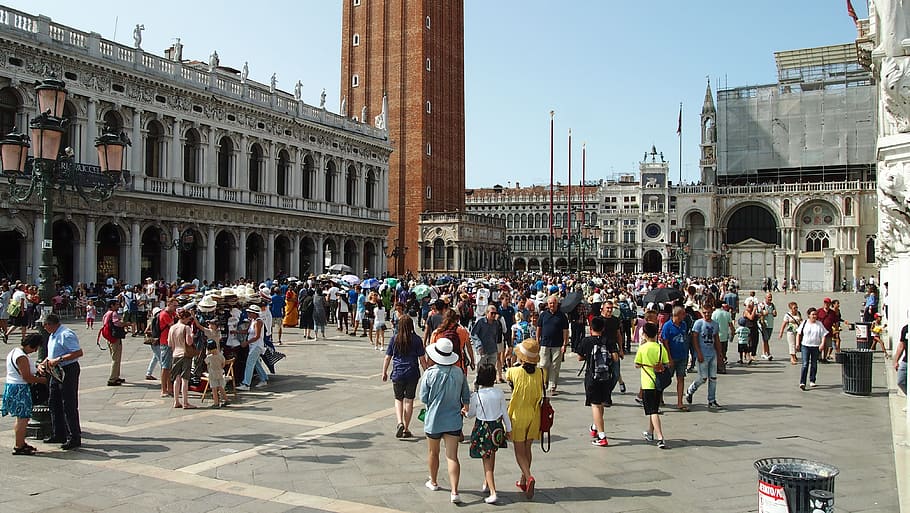 crowd, venice, places of interest, italy, water, building, venezia, st mark's square, san marco, large group of people