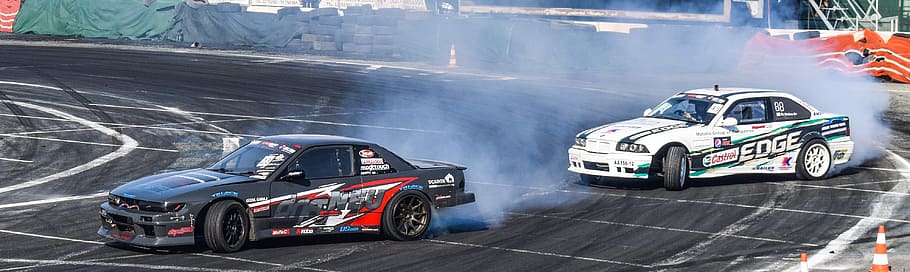 two, drifting, cars, daytime, sport, drift, car, speed, spinning wheels, burn out