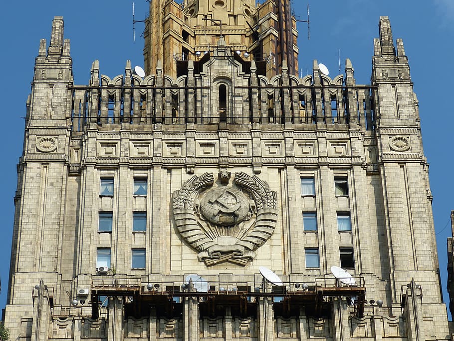 ministry of foreign affairs, building, moscow, russia, historically, capital, tower, facade, skyscraper, emblem