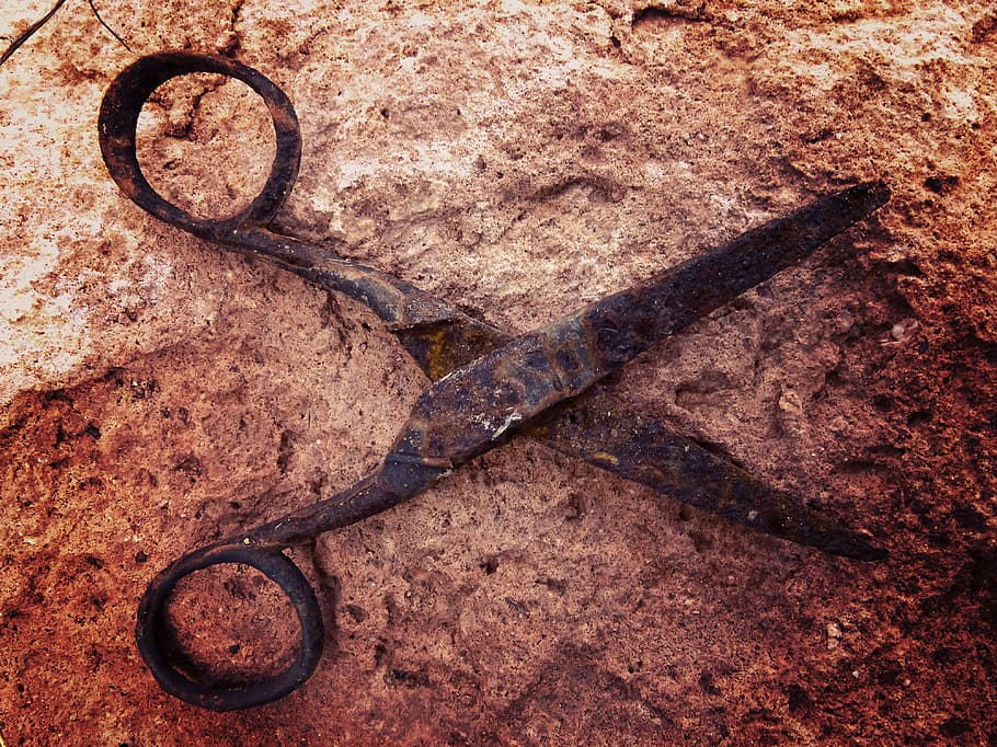 Tijeras, símbolo, viejo, metáfora, oxidado, corte, óxido, ninguna gente, textura, herramienta de trabajo
