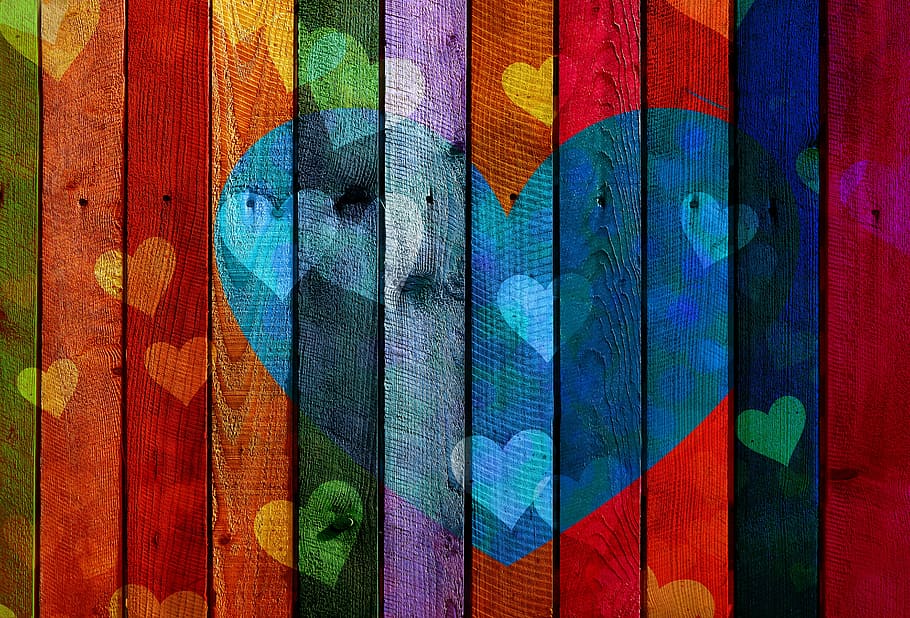 red, blue, purple, yellow, heart illustration, heart, love, wood, boards, branches