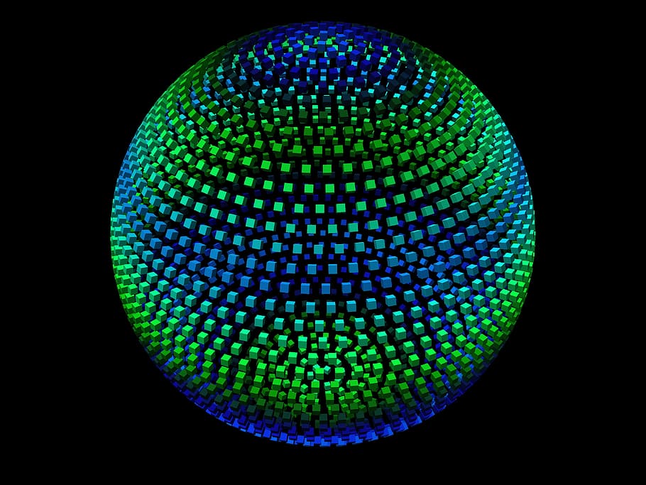 sphere, cube, geometric, 3d, round, design, shape, black background, green color, studio shot