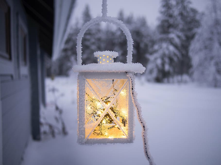 neve, coberto, virado, corda luz lanterna, fora, casa, ao ar livre, inverno, luz, lâmpada