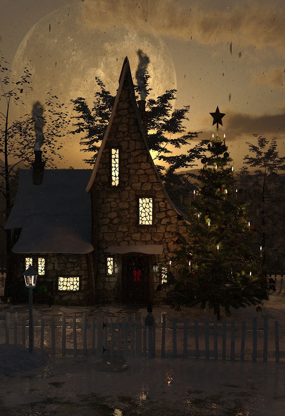 茶色, 黒, 塗装, 家, クリスマス, 冬, 雪, 風景, 出現, クリスマスの時期