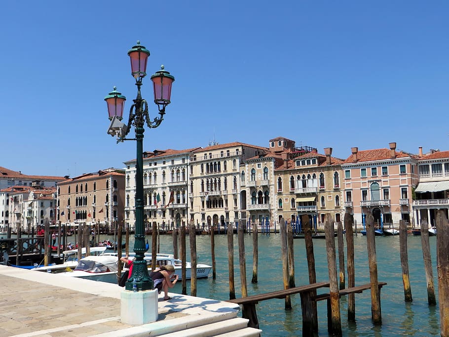 Italia, Venesia, Grand-Canal, Arsitektur, perahu, dermaga, gondola - perahu tradisional, eksterior bangunan, tujuan perjalanan, di luar ruangan