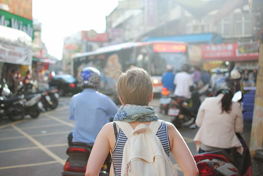 woman, facing, back, beige, backpack, standing, motorcycle, people, city, person