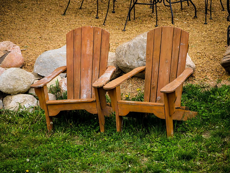 adirondack chairs, lawn, rocks, brown, wood, wood - material, seat, chair, grass, plant