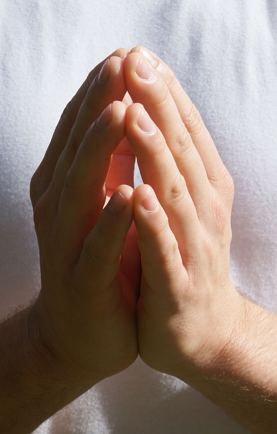 persona, vistiendo, blanco, arriba, orando, manos, mano, meditación, orar, fe
