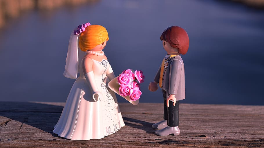 wedded, couple lego toy, brown, surface, wedding, bride, groom, marriage, couple, bridal