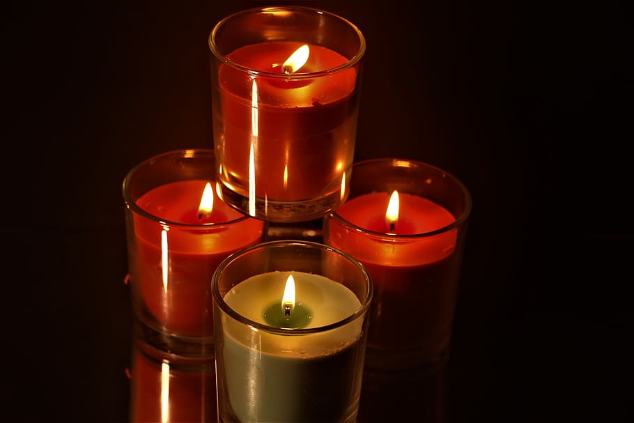 candles, lit, flame, candlelight, burn, mood, wick, glow, red, romantic