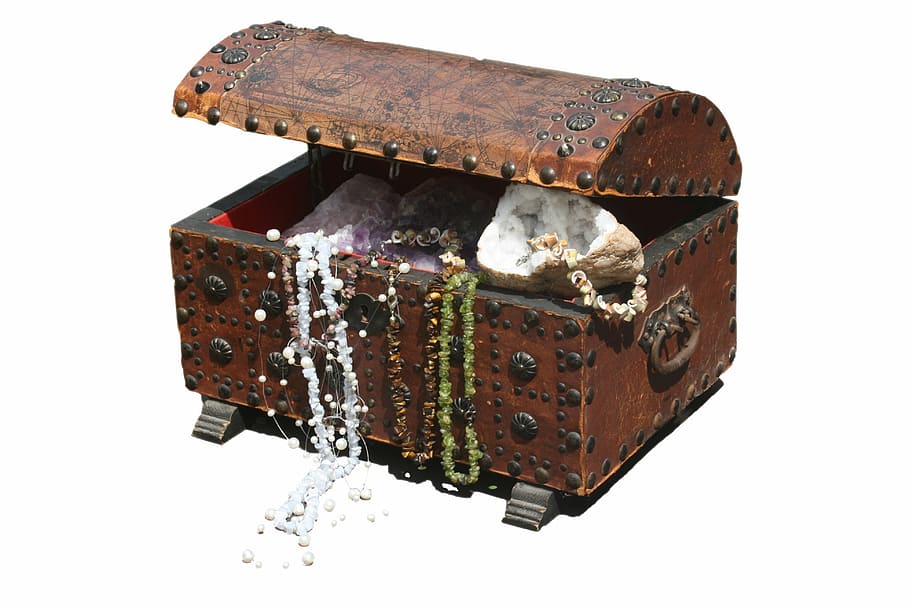 brown wooden chest, treasure chest, chest, gems, box, open, decoration, jewellery, chains, isolated