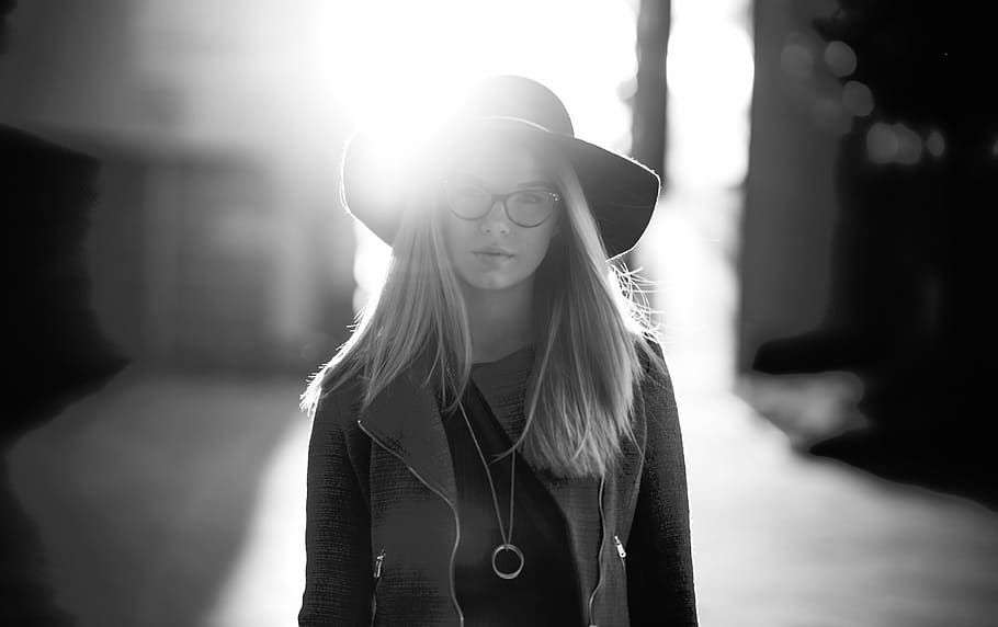 grayscale photography, woman, wearing, coat, sun hat, people, girl, lady, hat, glasses