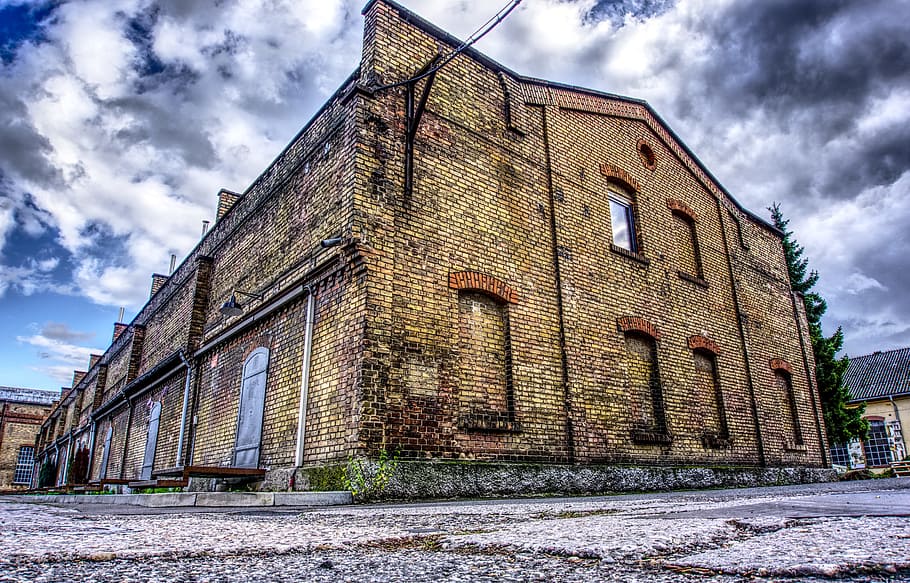 industrial building, industrial hall, building, hall, old, sky, drama, tree, green, historically