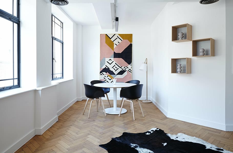 redondo, blanco, mesa de pedestal, cuatro, negro, sillas, marrón, superficie, contemporáneo, muebles
