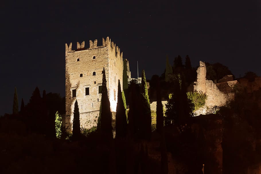 castle, italy, old, arco, night, night photograph, architecture, built structure, building exterior, history