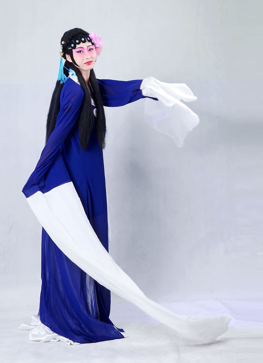 woman, wearing, blue, long-sleeved, dress, beijing opera, china, quintessence, clothing, traditional