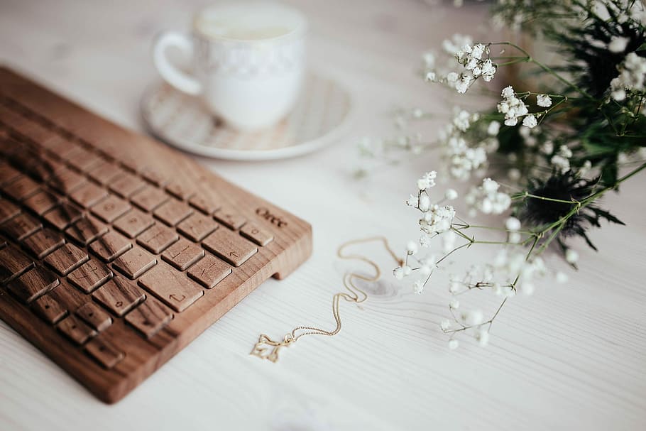 teclado, café, madera, taza de café, tecnología, escritorio, oree, capuchino, hipster, caffee