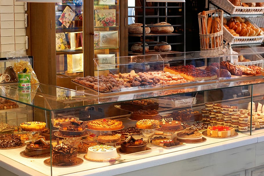 assorted, cakes, breads, clear, glass food display, in clear, glass, food, display, marbella