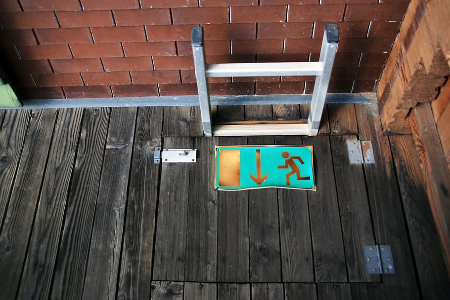 emergency staircase, exit, scale, balcony, wood, bricks, hostel, metal, sign, wood - material