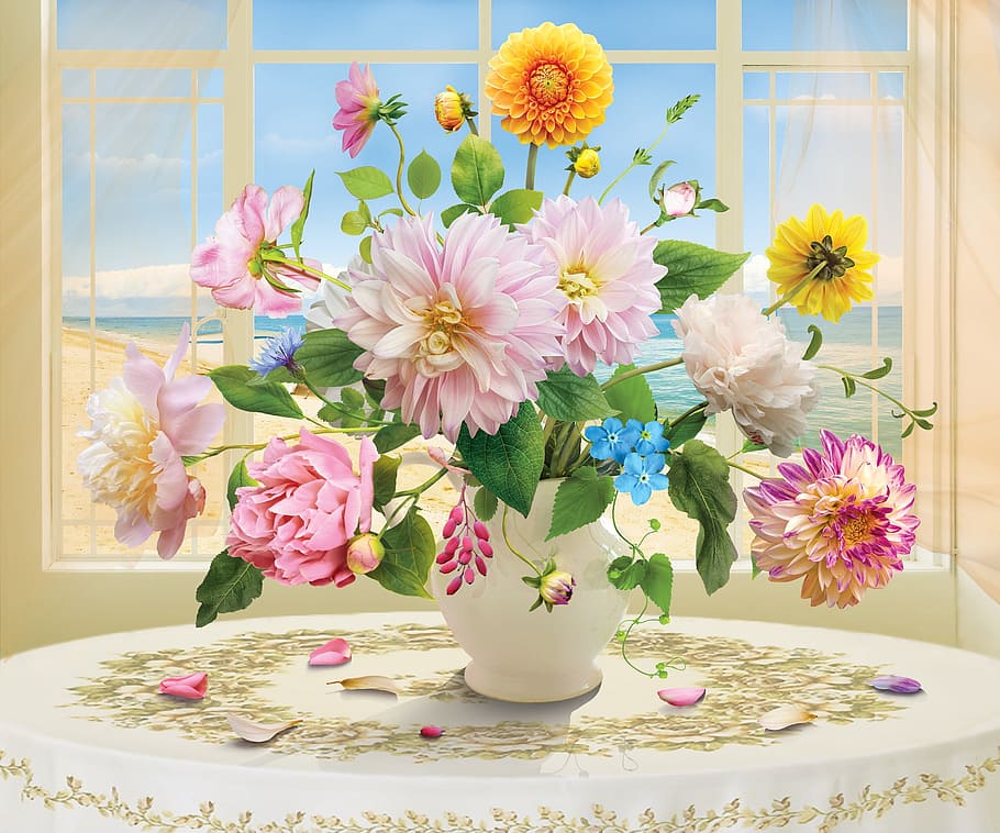 pink, yellow, flower arrangement, flower, vase, bouquet, plant, floral still life, flowering plant, freshness