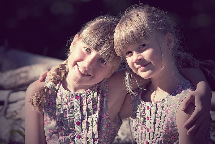 two, girls, hugging, children, girl, brothers and sisters, friendship, hug, friends, summer