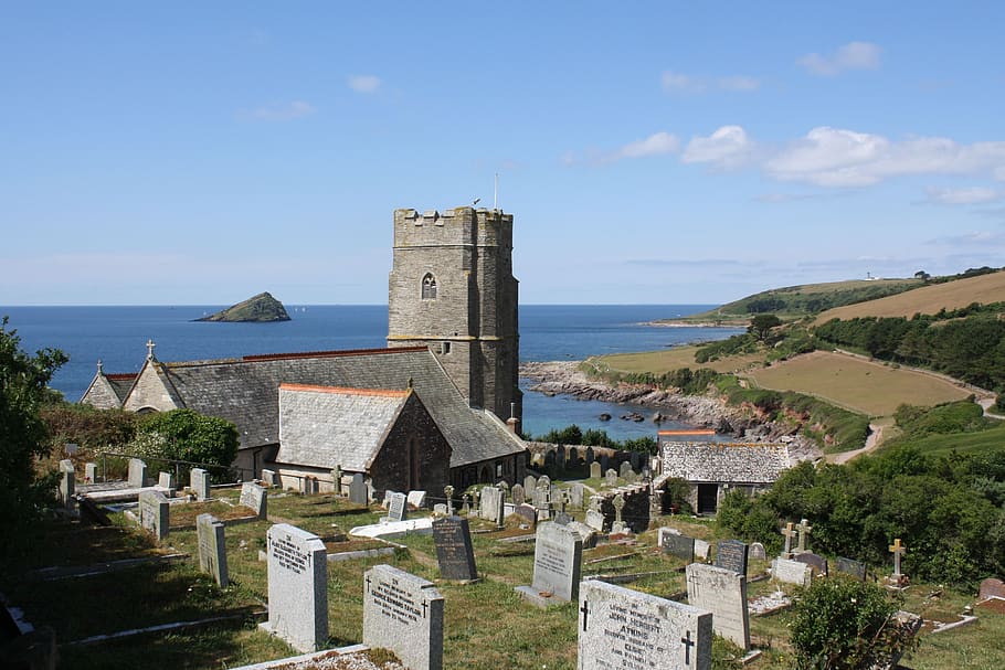 Britannia, cementerio, bahía de Plymouth, Bigbury en el mar, Devon, el suroeste de Inglaterra, arquitectura, historia, cielo, pasado