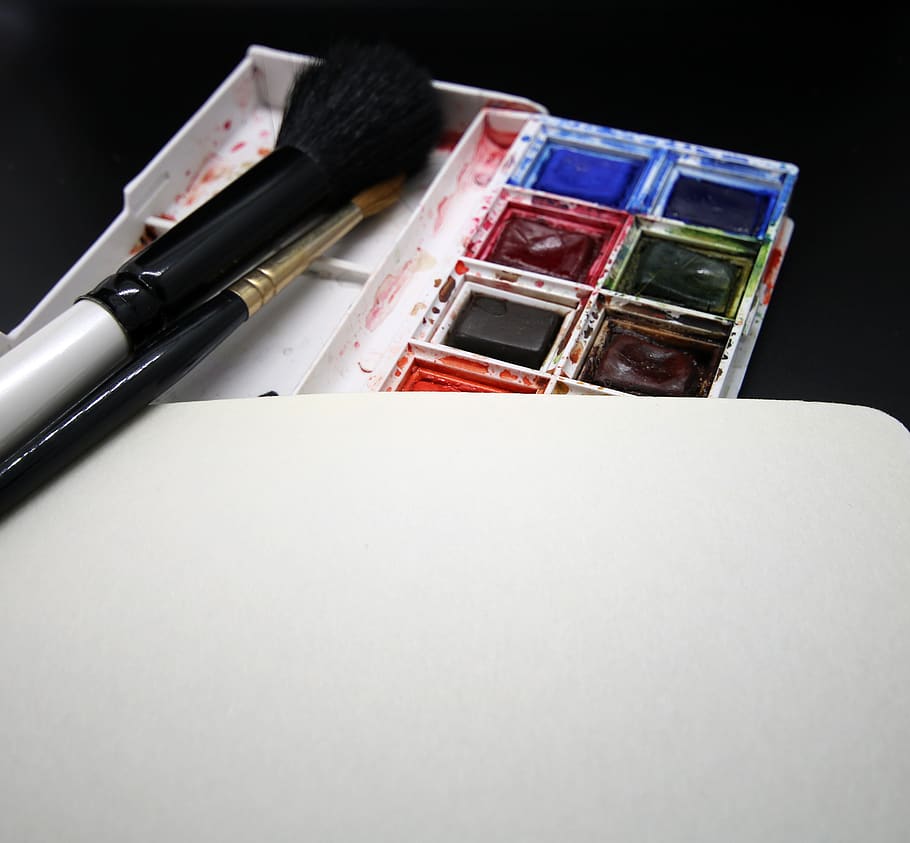 caixa de tinta, pincéis, cor, brilhante, passatempo, escova, bagunçado, paleta, criatividade, criativa