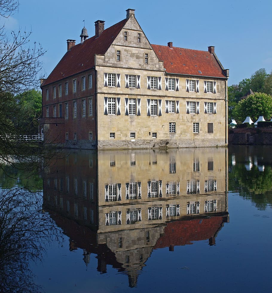 Castle, Münsterland, Burg, Hülshoff, burg hülshoff, wasserburg, havixbeck, droste-hülshoff, refleksi, eksterior bangunan