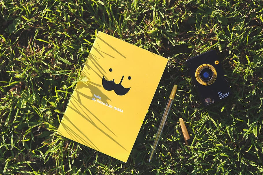 amarillo, libro, al lado, bolígrafo, verde, hierba, cuaderno, cámara, bigote, gracioso - Pxfuel
