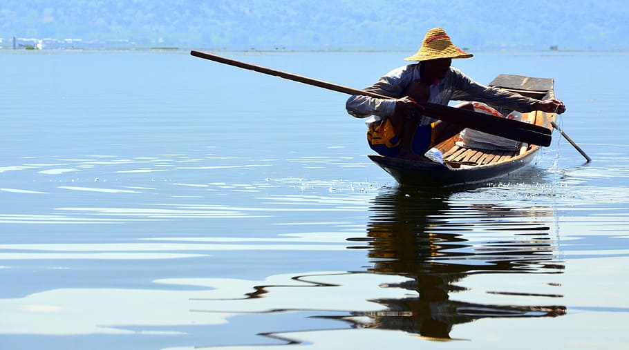 fisherman, fishing, inle lake, myanmar, burma, one person, water, nautical vessel, adult, transportation