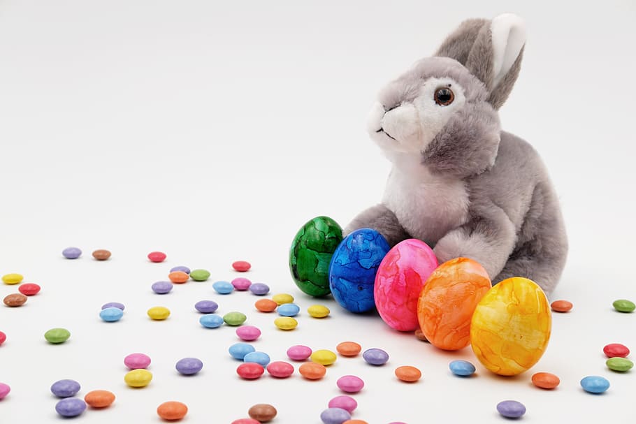 gray, rabbit, plush, toy, white, surface, hare, easter bunny, easter eggs, easter