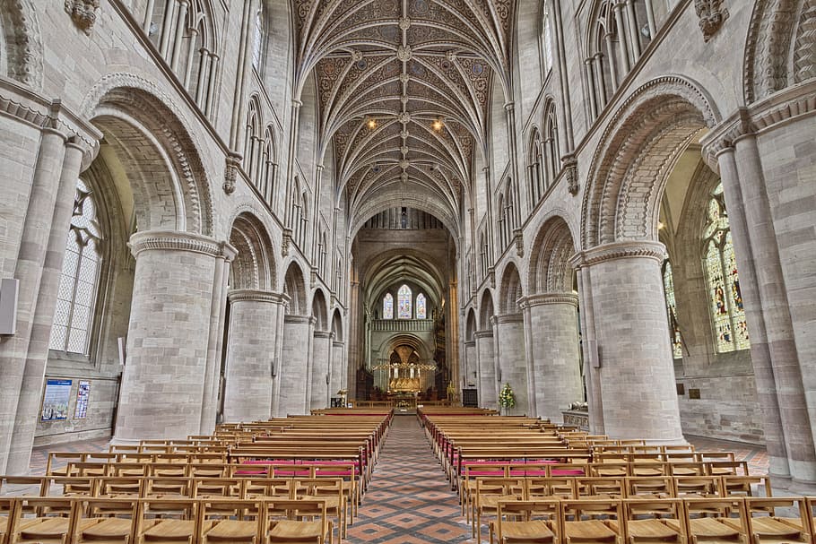 gray cathedral, aisle, altar, arch, architecture, building, cathedral, chairs, church, columns