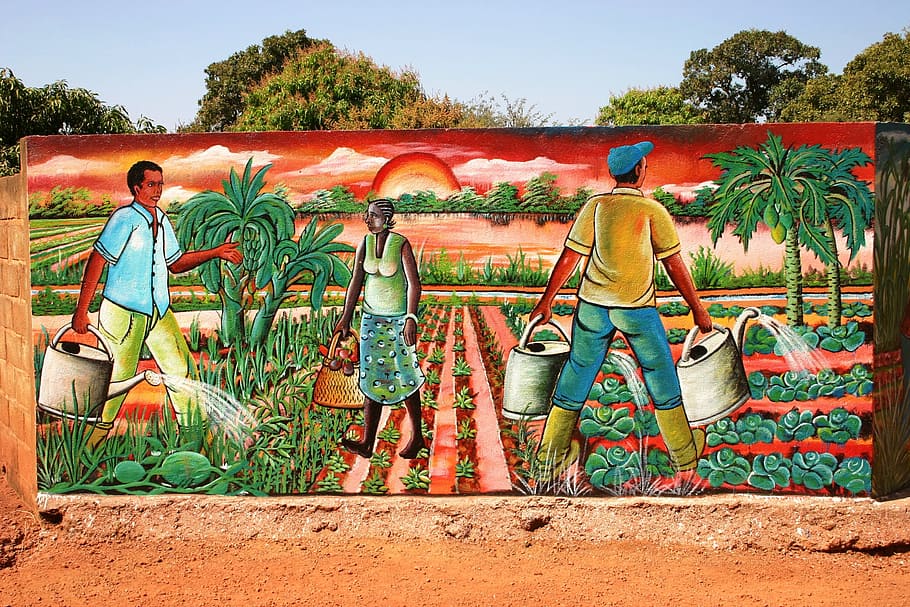 three, person, farm painting, Murals, Africa, Burkina Faso, agriculture, teamwork, people, togetherness