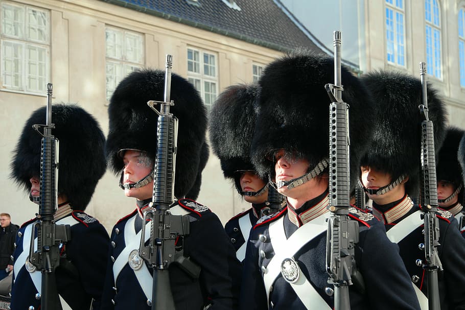 the royal life guards, denmark, copenhagen, soldier, queen, tourist attraction, bearskin hats, security, tradition, palace