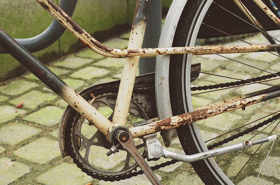 rueda, nadie, oxidado, bicicleta, detalle, reparar, pintura, renovación, ciclista, retro