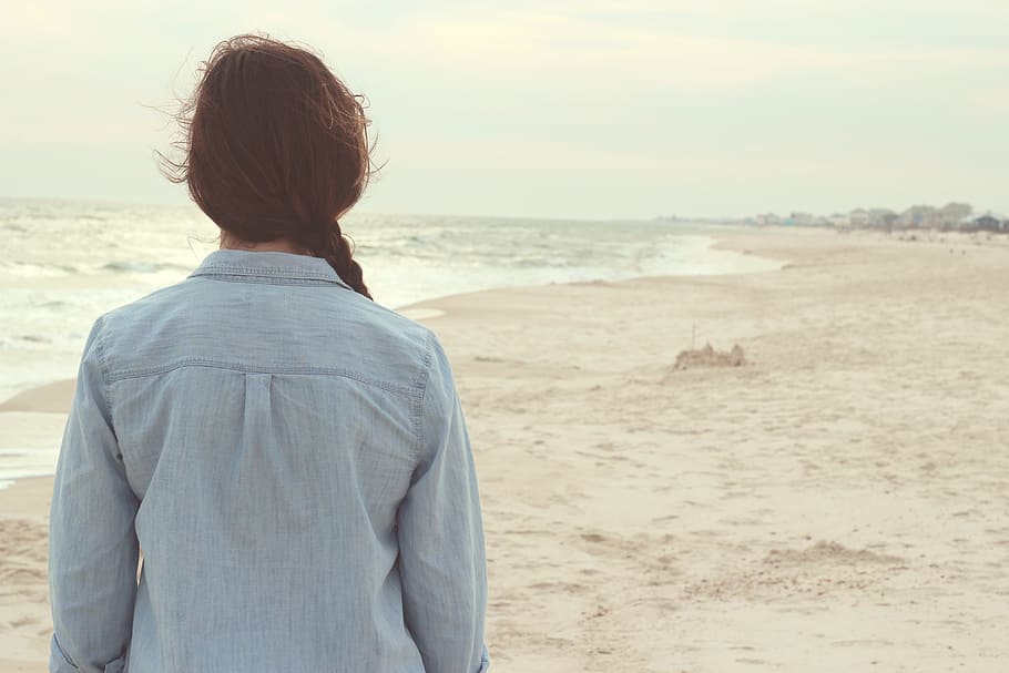 woman, wearing, blue, collared, shirt, standing, seashore, beach, summer, female