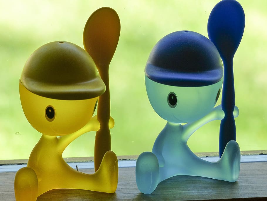 blue, yellow, plastic teaspoons, egg cup, funny, colorful, figures, spoon, salt, pepper