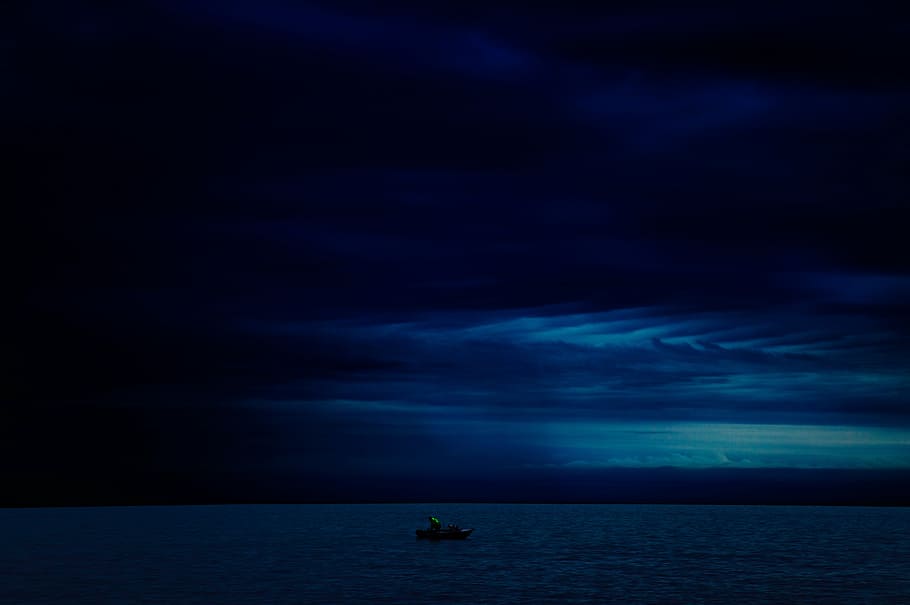 boat sailing, calm, blue, body, water, dark, skies, boat, bodies, night