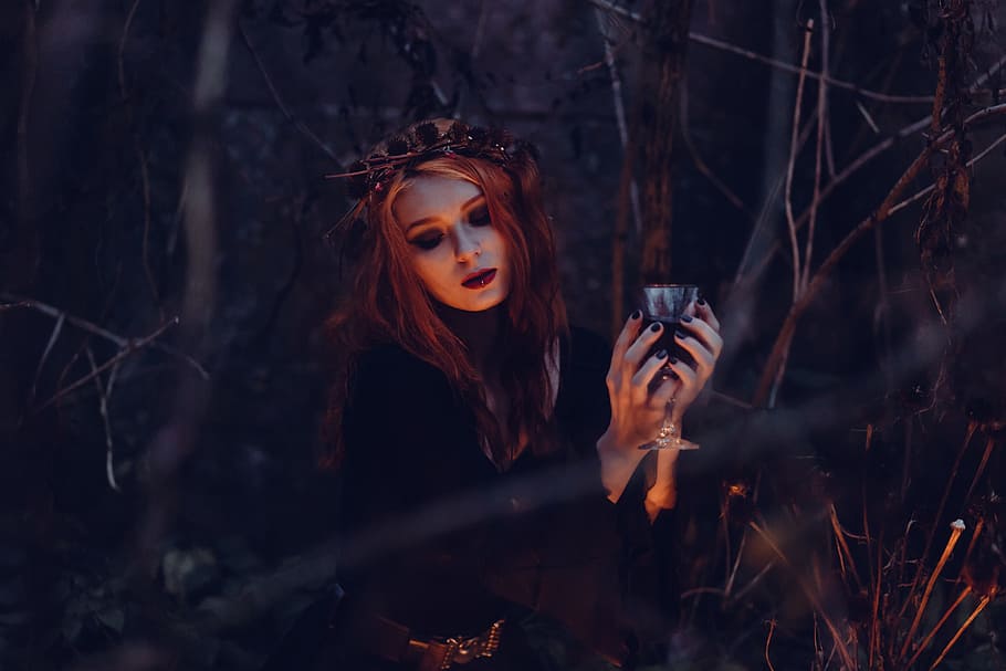 woman, wearing, black, dress, holding, container, people, autumn, black magic, blood