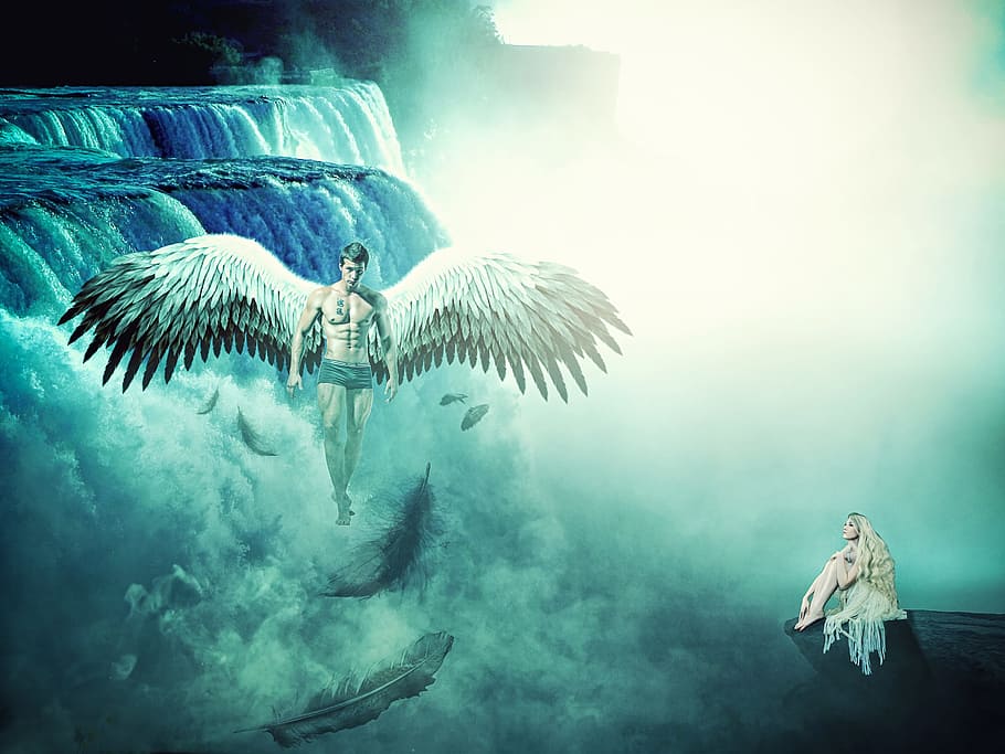 woman, sitting, rock formation, looking, winged, man, flying, fogs, waterfalls, fantasy
